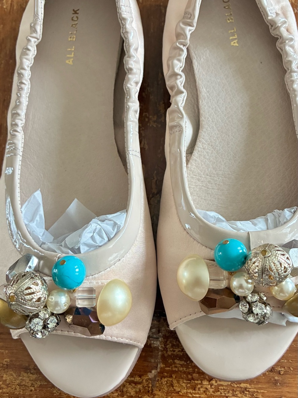 All Black Women’s Pale Pink Embellished Ballet Flats with Turquoise Accents
